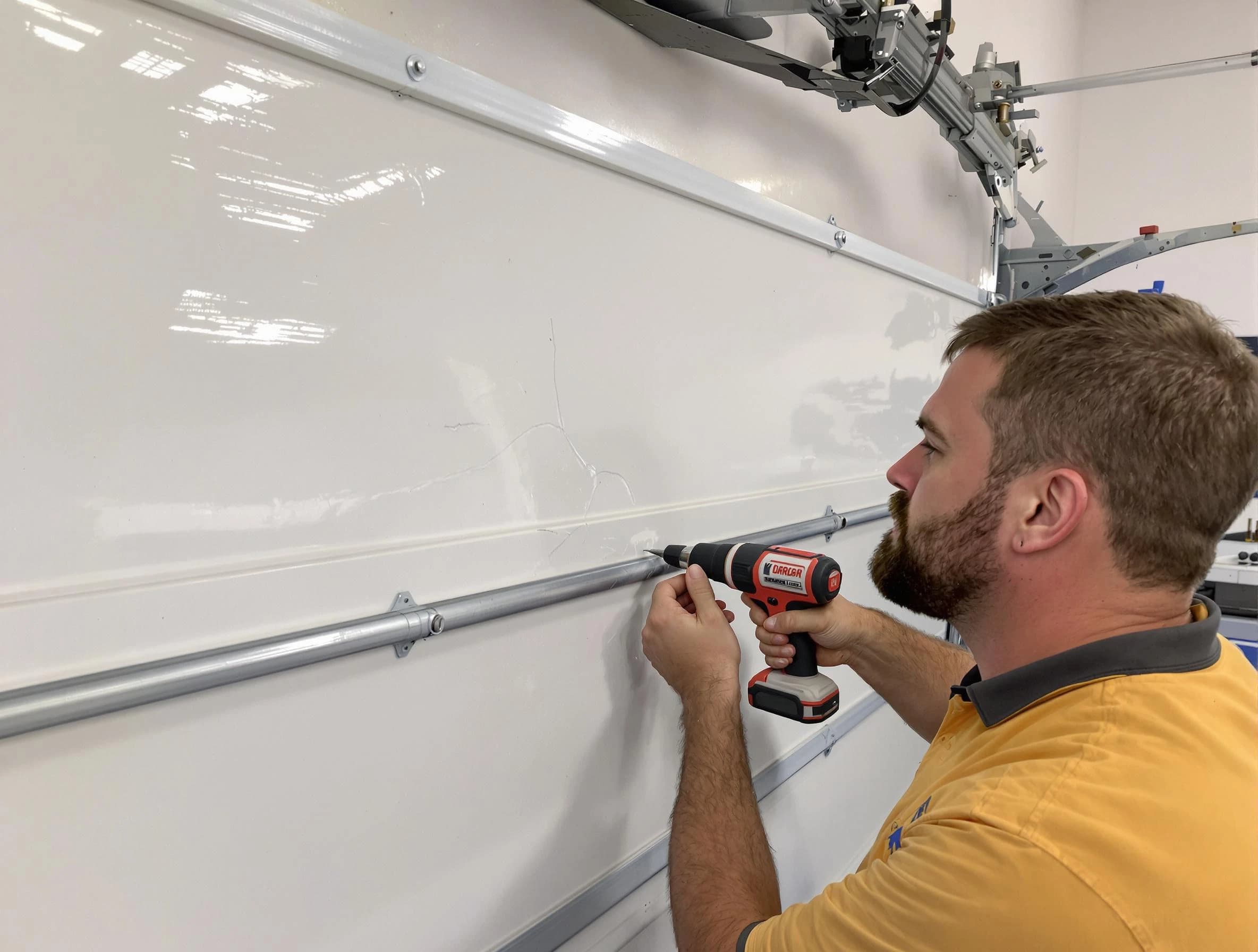 Kirtland AFB Garage Door Repair expert performing dent repair on garage door in Kirtland AFB