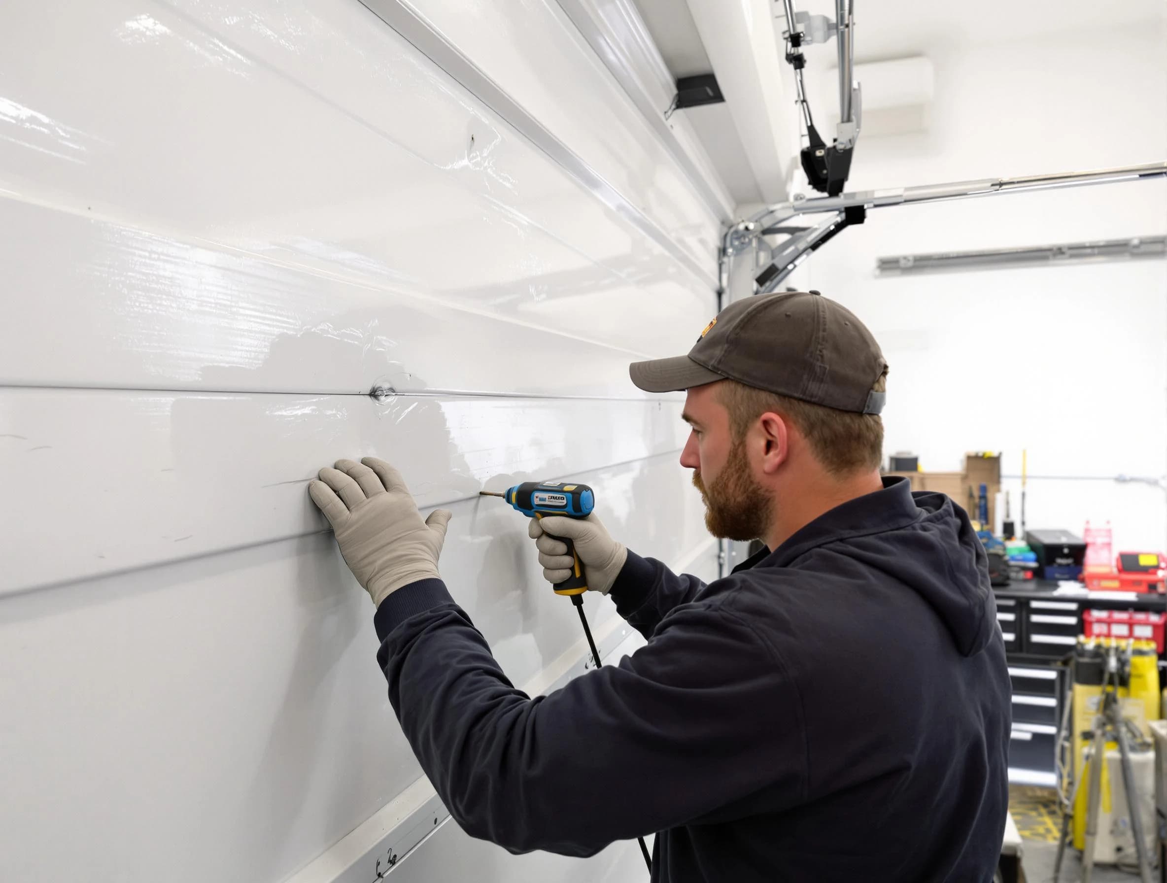 Kirtland AFB Garage Door Repair technician demonstrating precision dent removal techniques on a Kirtland AFB garage door